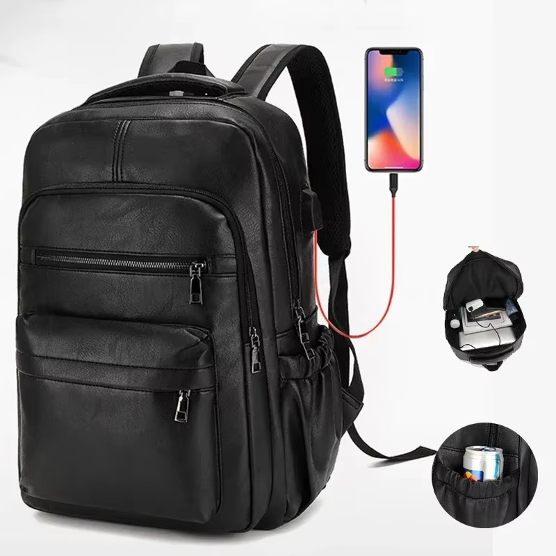 PU Leather High Quality Backpack Men Large USB Charging Laptop Backpacks Male Mochilas Schoolbag for Teenagers Boys Bagpack