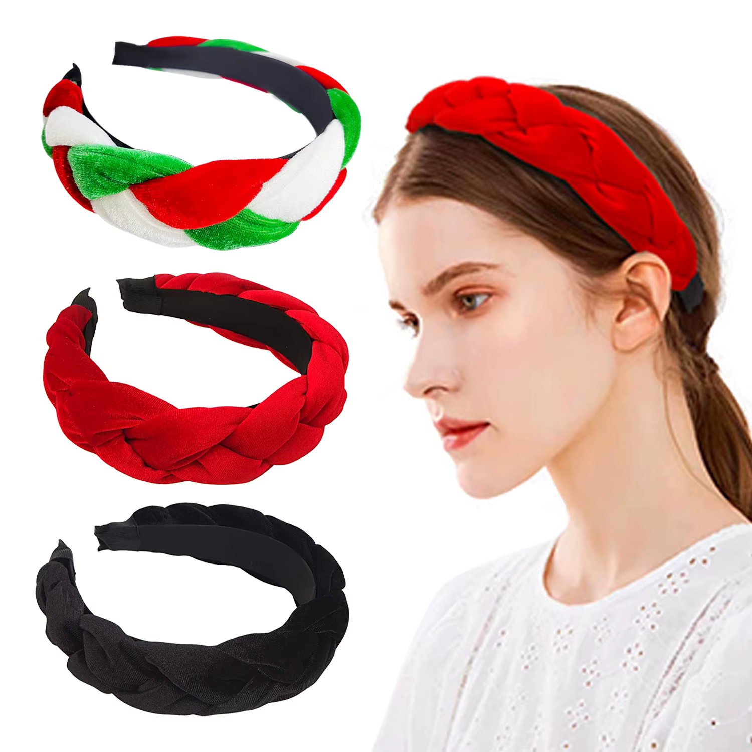 3Pack Christmas Headband For Women, Velvet Braided Headbands Hairband Non-slip Wide Head Bands Christmas And New Year Decoration