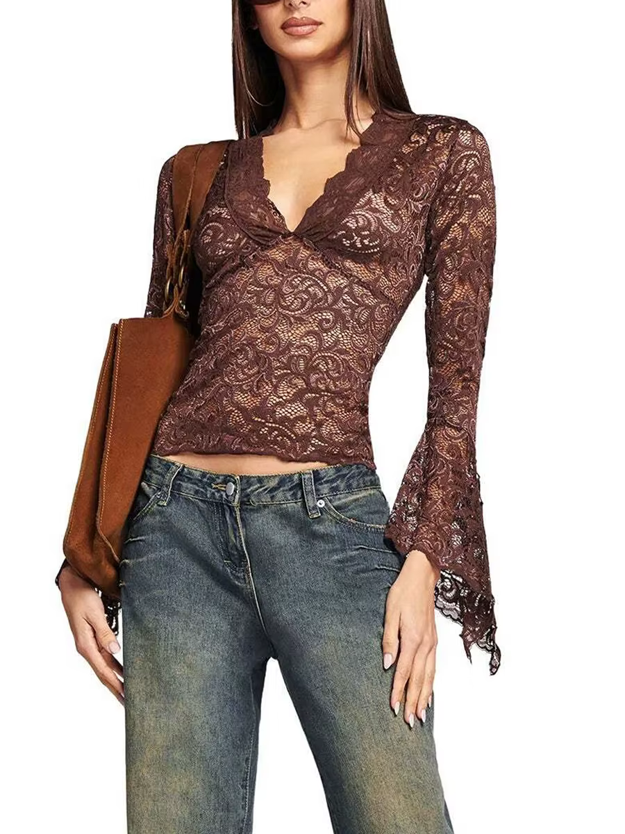 Women s Lace Trim V Neck Long Sleeve Crop Top Sexy Sheer Mesh Solid Color Casual Party Streetwear Shirt for Summer