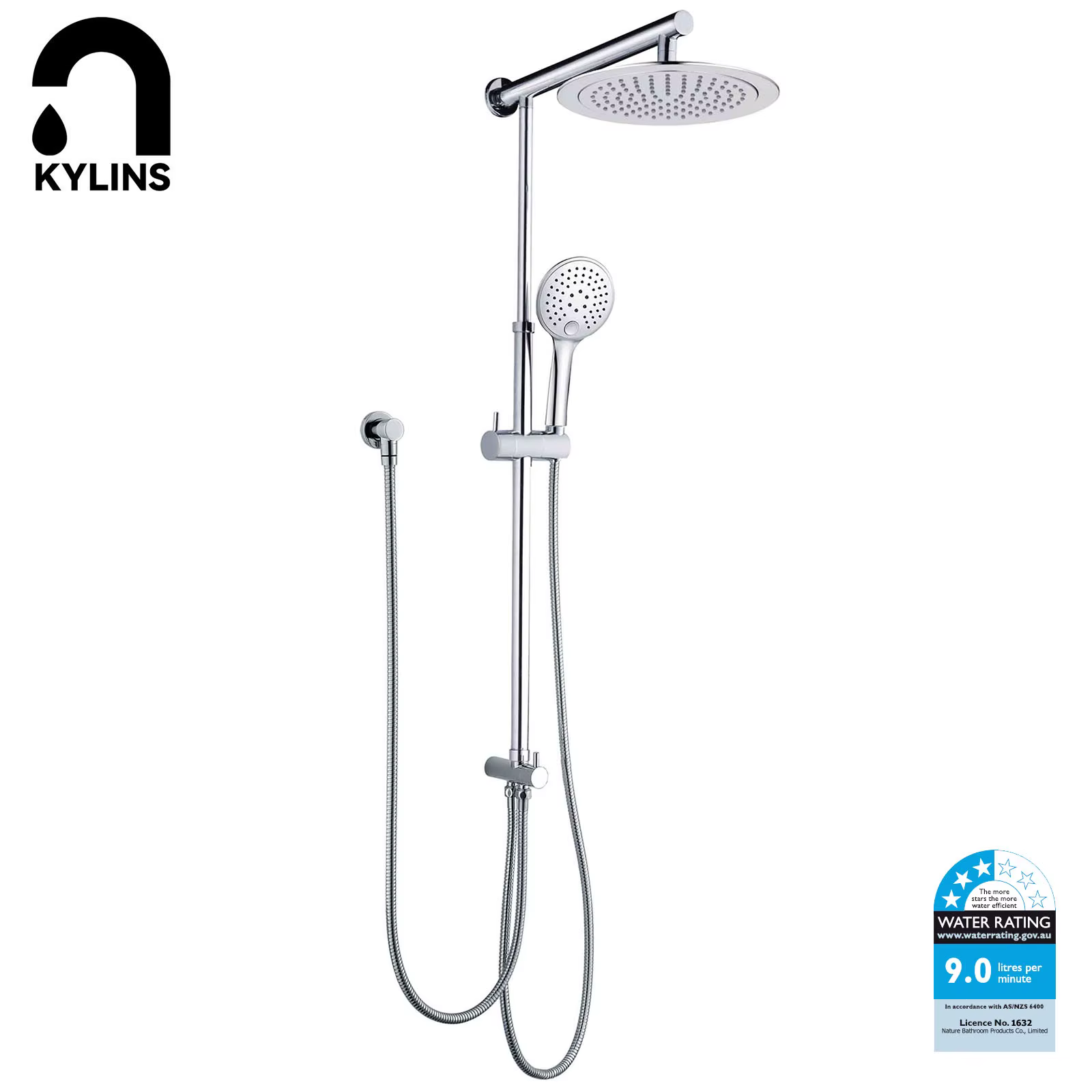 **Sydney Stock** KYLINS WELS 9" Rain Shower Head Adjustable Sliding Rail Set Dual Hose Twin Head Chrome
