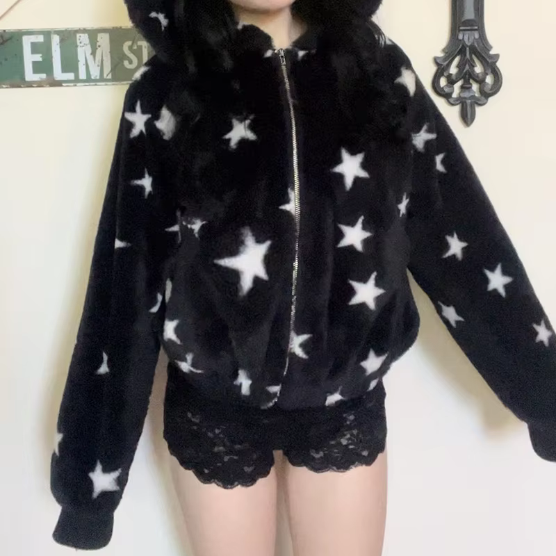Y2K spicy girl five pointed star printed fur coat design sense casual hooded autumn and winter warm loose top