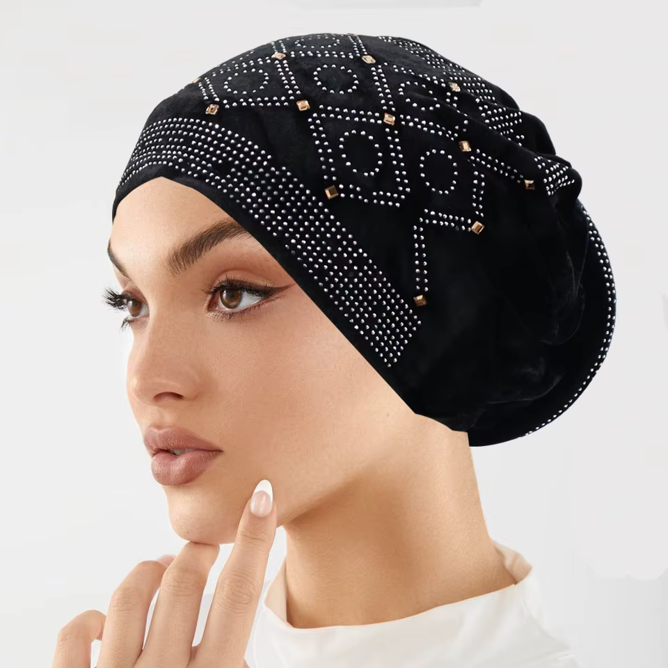 Soft Velvet Turban Cap for Women Muslim Headscarf Bonnet Elastic Female Headpiece Stylish Glitter Diamonds African Head Wraps