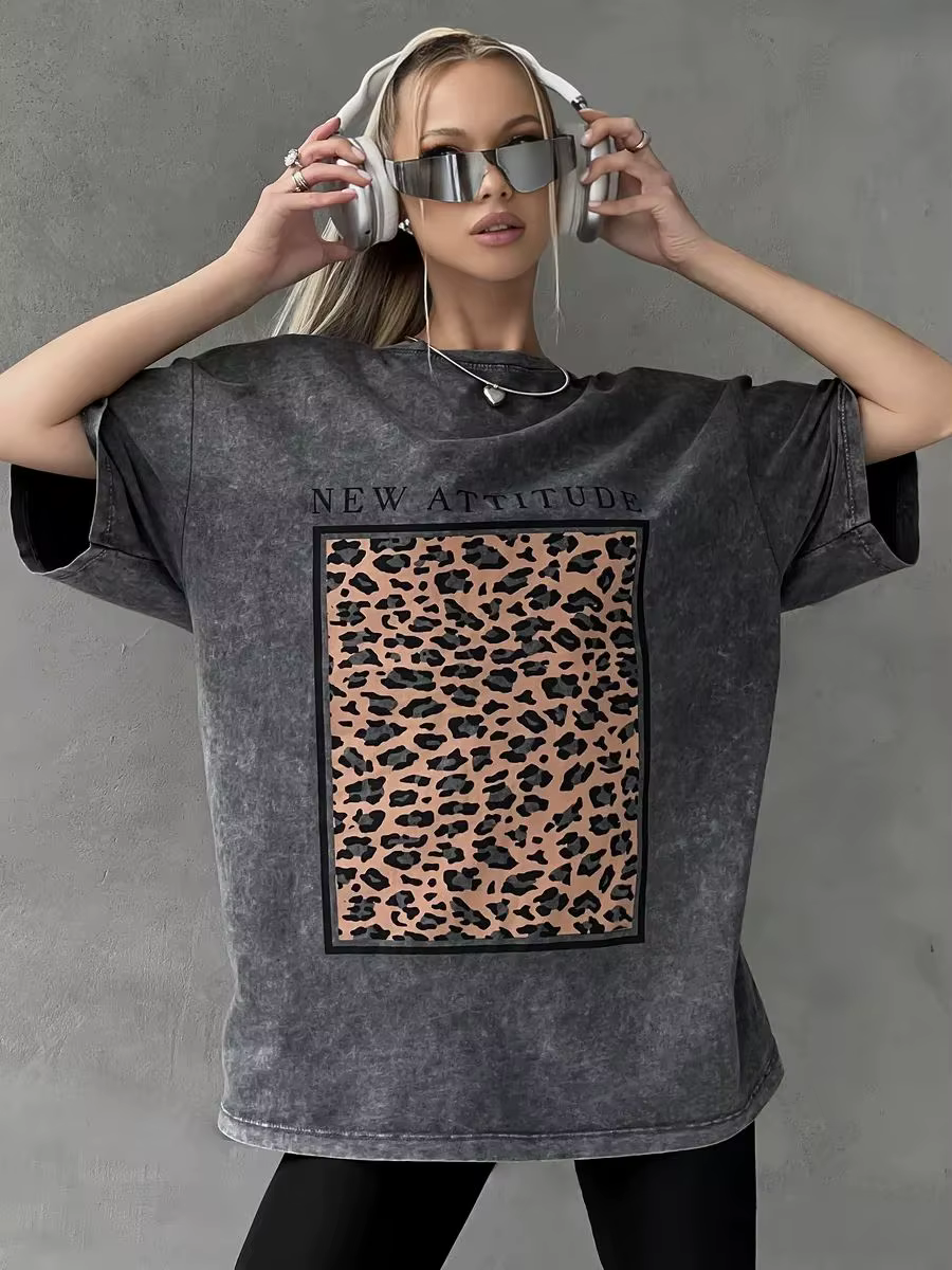 Cotton Washed T-shirt for Women New Attitude Fashion Leopard Prints Tops Loose O-Neck Oversized Short Sleeve Y2k Female Clothes