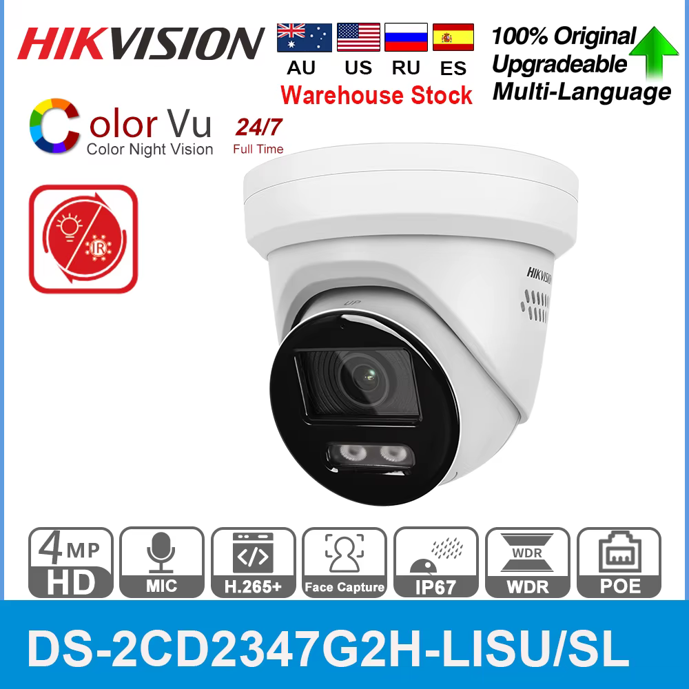 Hikvision 4MP IP Camera DS-2CD2347G2H-LISU/SL Smart Hybrid IR White Light ColorVu POE Turret Built-in 2-Way Audio SD Card Slot