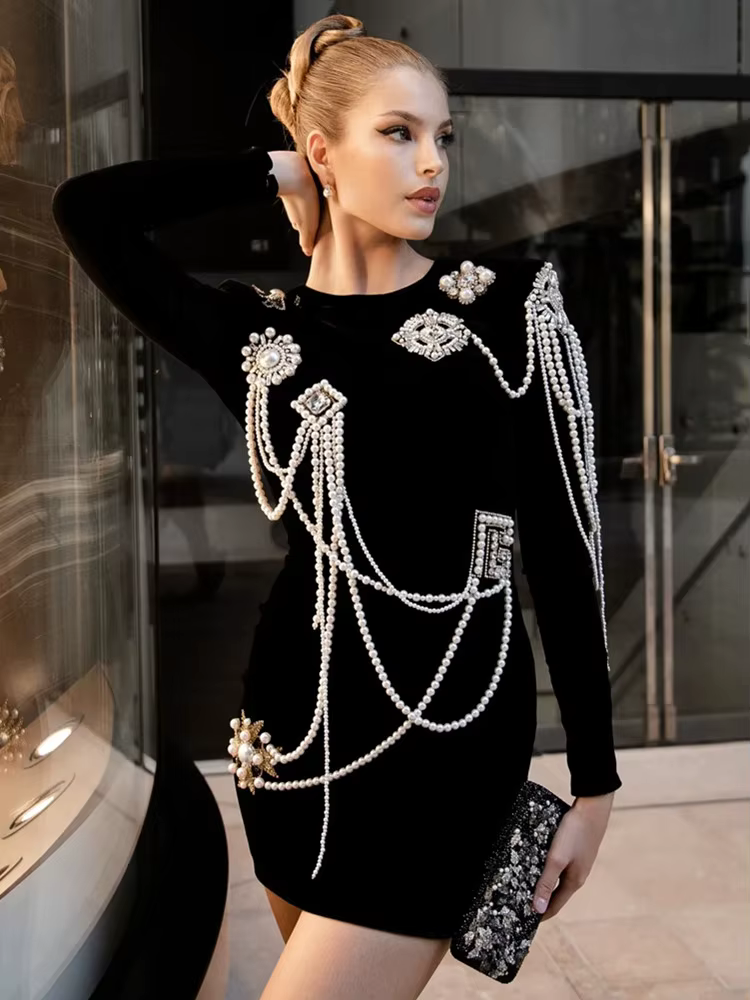 STOCK Women Winter Style Sexy Long Sleeve Black Pearl Beading Mini Bodycon Bandage Dress Elegant Evening Party Dress