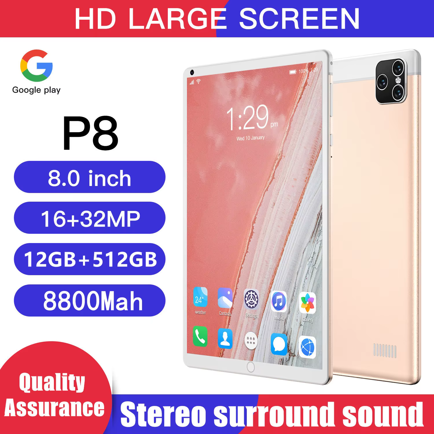 2023 NEW Original 8 Inch Tablets Android 12 Deca Core 12GB +512GB 4G/5G Phone Call Dual SIM WiFi WPS Google Certified Tablet PC
