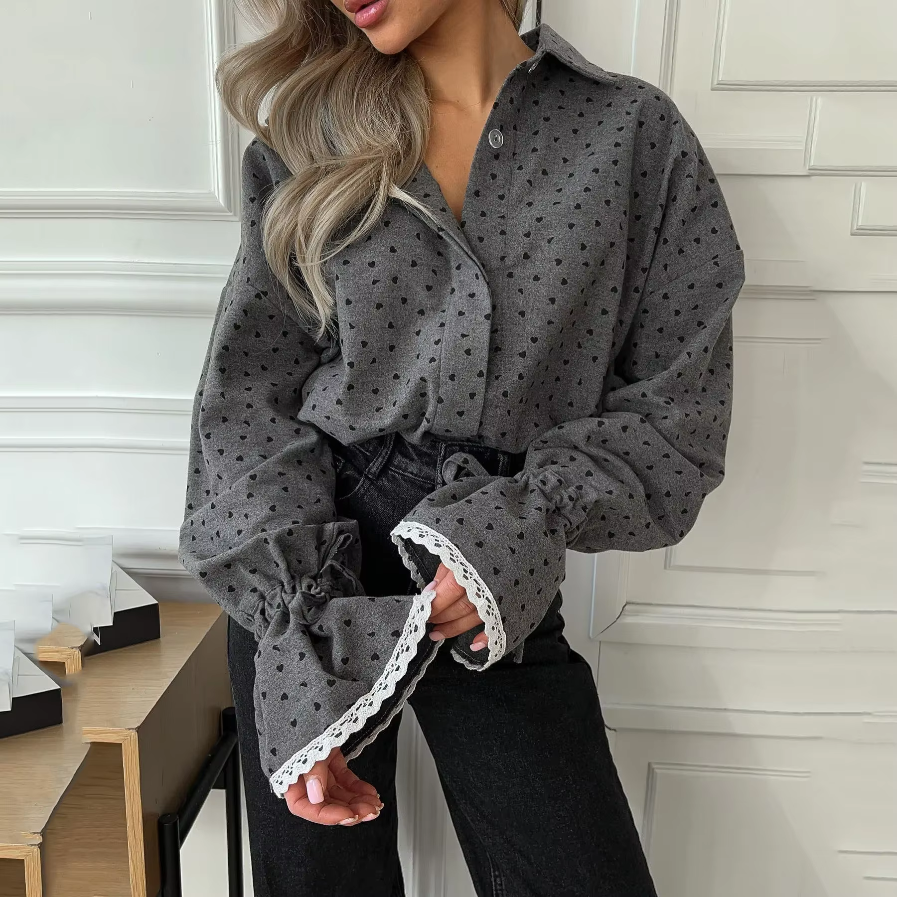 Heart Printed Elegant Grey Blouse Flare Long Sleeve Patchwork Lace Casual Loose Autumn Winter Shirt Women High Street Chic