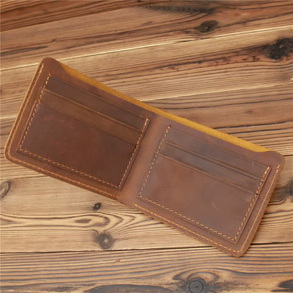 Retro Bifold Genuine Leather Mens Wallet Minimalist Crazy Horse Real Leather Purse for Men Clip
