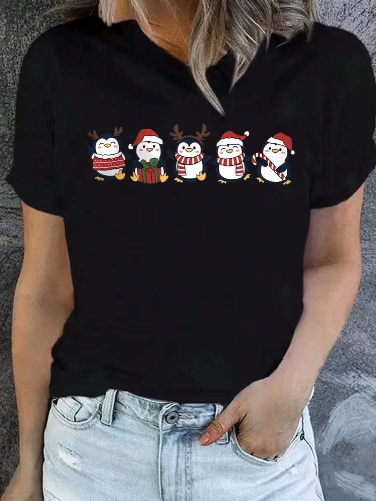 Funny Christmas Animal Owl Penguin Print Women T Shirt Short Sleeve O Neck Women Tshirt Ladies Tee Shirt Top Clothes Camisetas