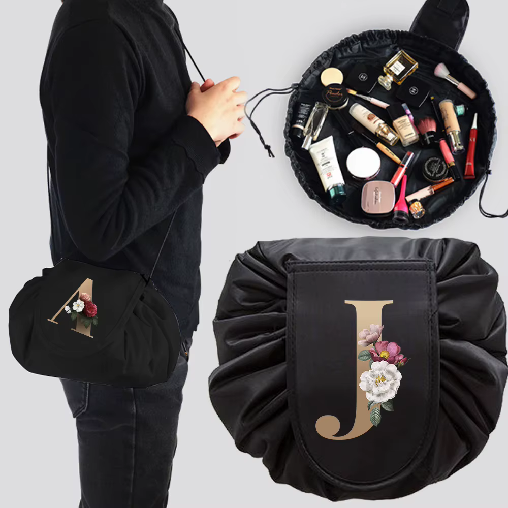 Women Drawstring Cosmetic Bag Organizer Travel Toiletry Storage Shoulder Bag MakeUp Pouch Large Capacity Beauty Case Gold Series