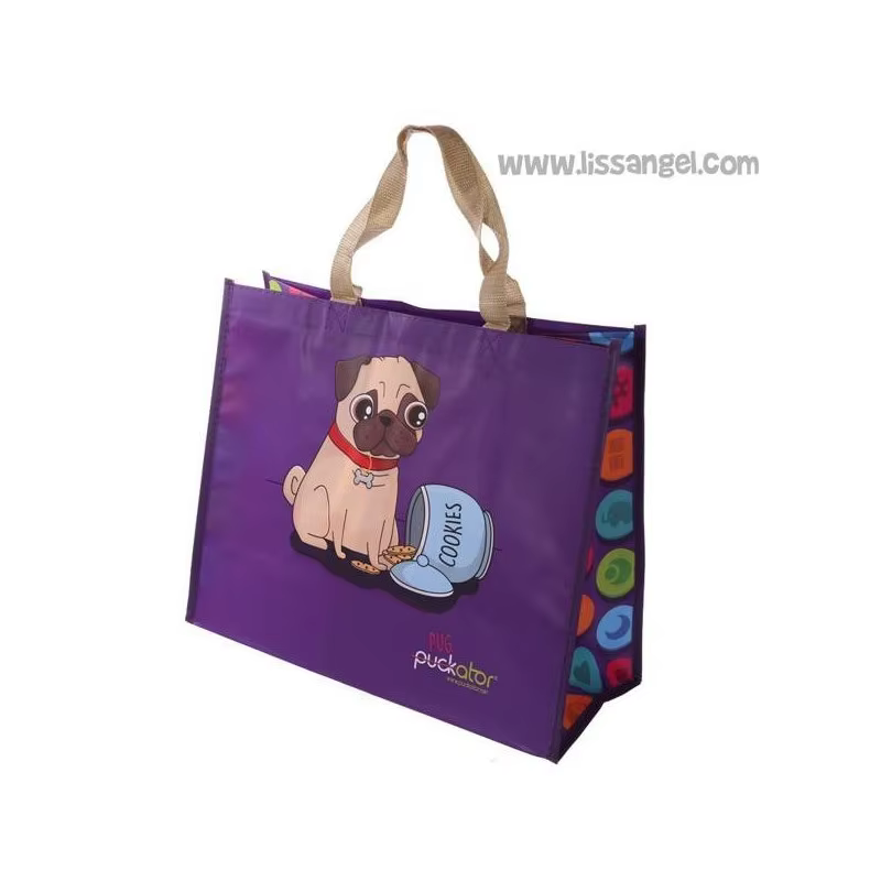 Shopping Bag Reusable with Kawaii Drawn Pug Dog  with Cookies