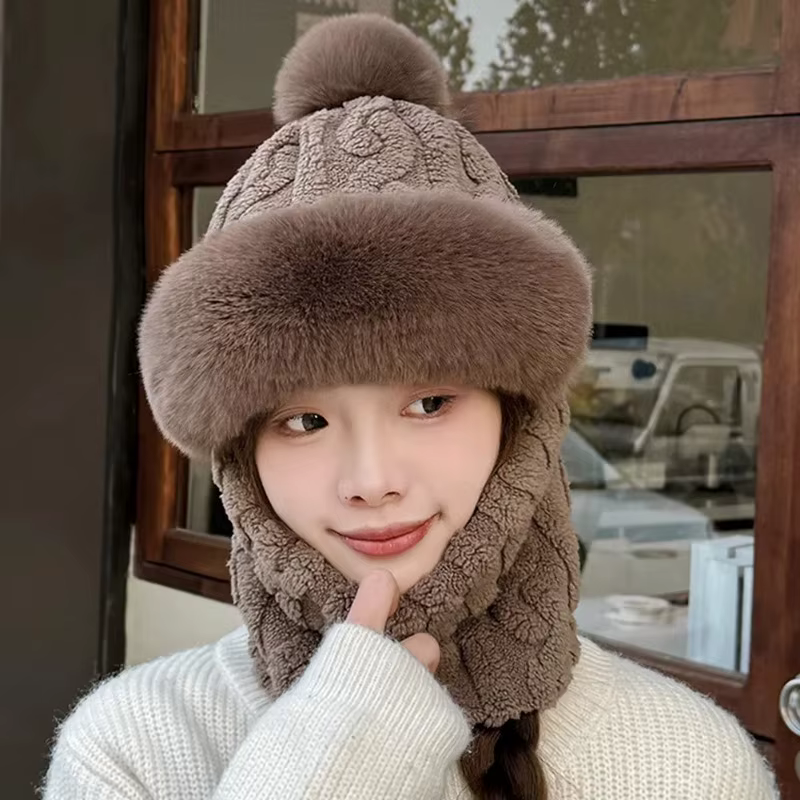 Women Beanie Hat  Heated Winter Balaclava Knitted Cap Hooded Face Mask Fluff Keep Warm Neck Scarf Hooded Hat Bonnet Cap