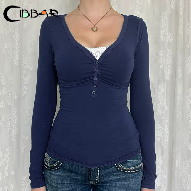 CIBBAR Patchwork Fake Two-piece T-shirt Vintage Stitched Button Crop Top Women Y2k Full Sleeve T Shirts 2000s Aesthetic Fall Top