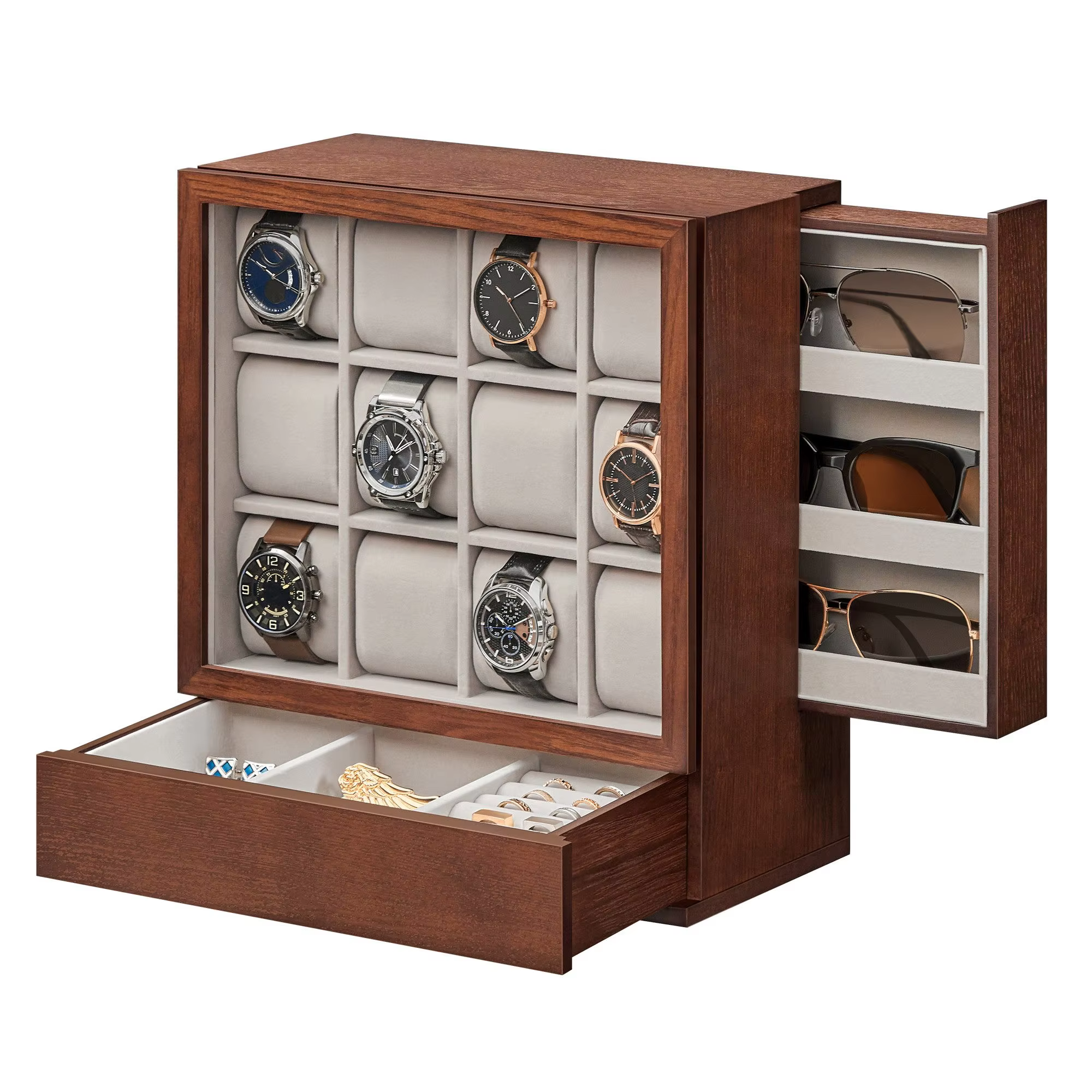 SONGMICS watches box 12 hand fan watches box with window watches presentation solid wood veneer