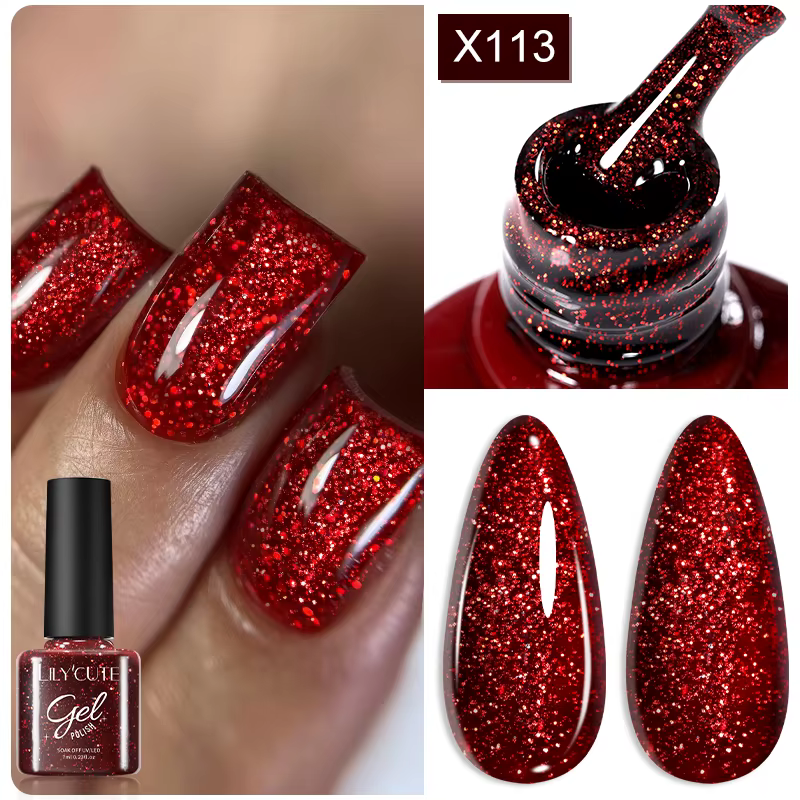 LILYCUTE 7ml Sparkling Red Gel Nail Polish Glitter Sequins Nail Gel Varnishes Semi-permanent Soak Off UV LED Nail Art Manicure
