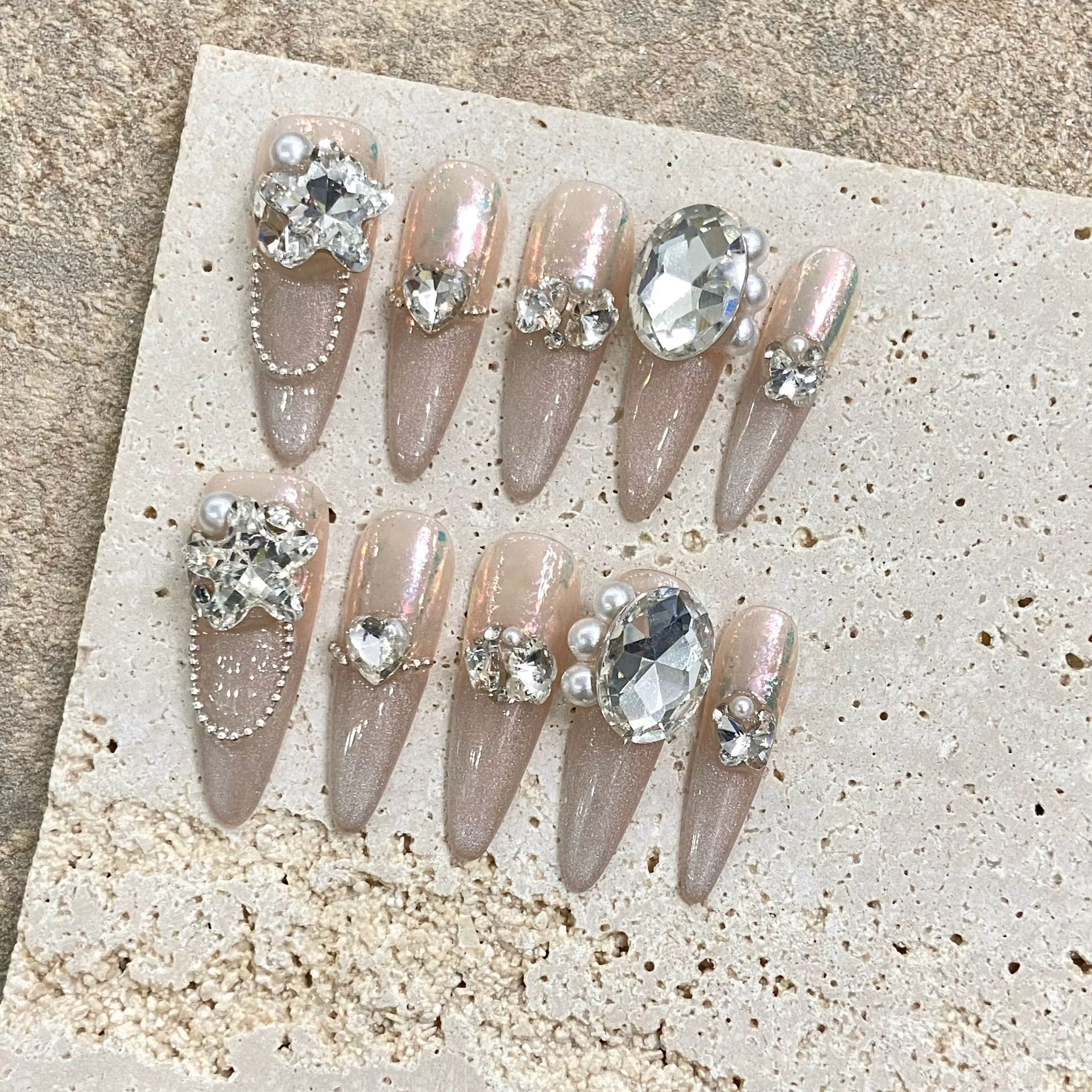 10pcs Elegant Champagne Handmade Fake Nails Cat Eye With Rhinestone Design False Nails Manicure Nail Decoration Press On Nails