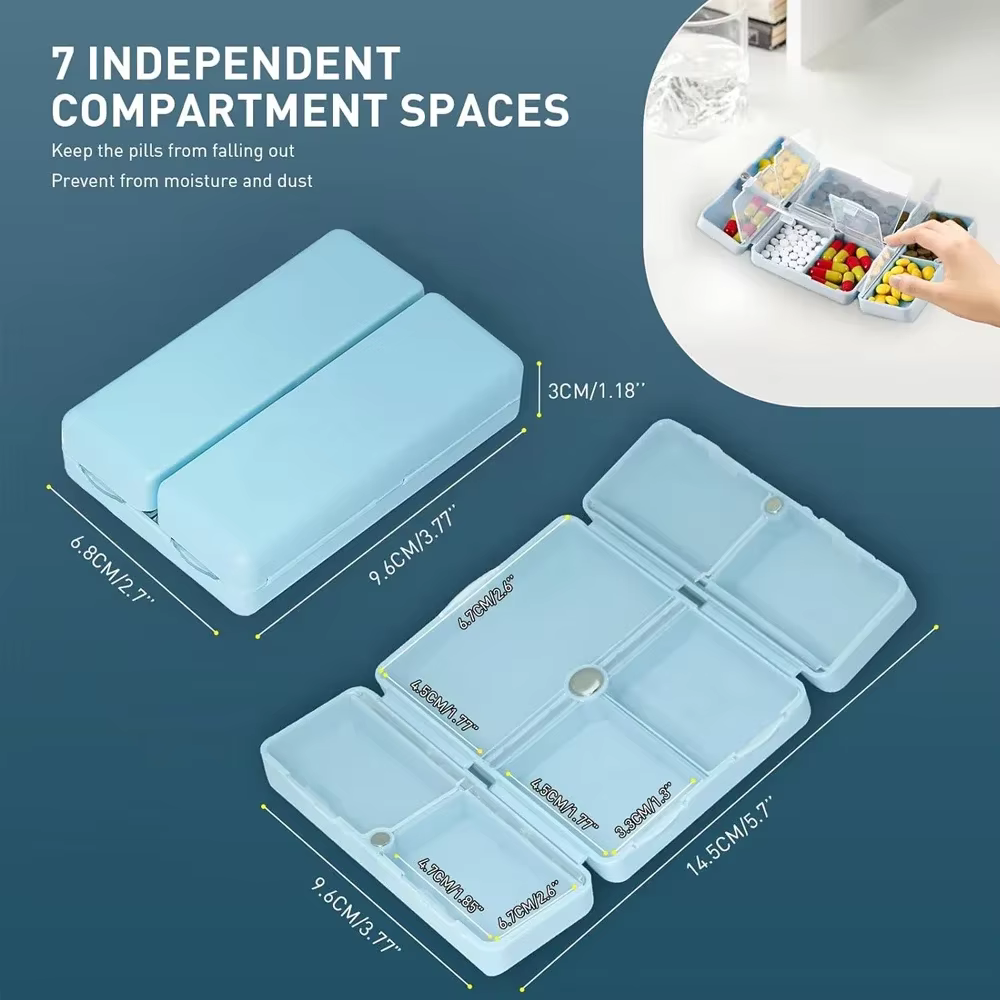 Magnetic folding weekly pill box, portable travel pill case, small pill box for wallet pocket, rain