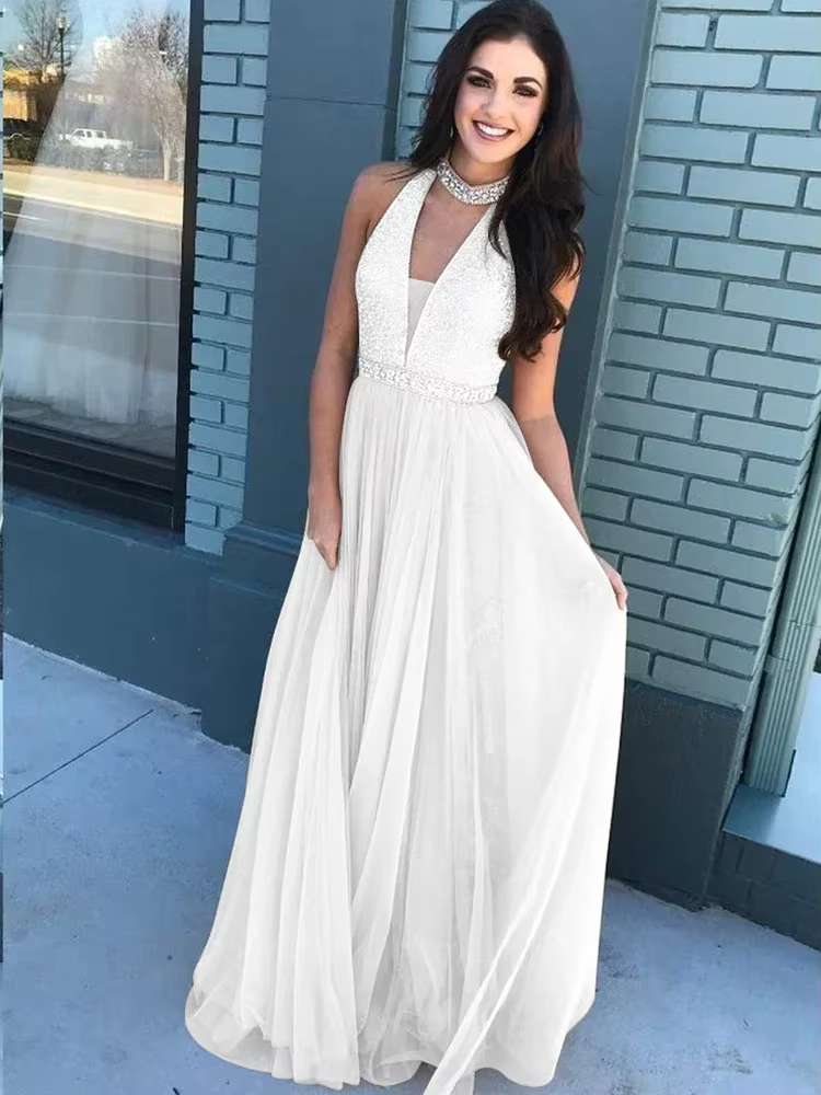Wedding Dress Halter Neck Prom Dresses Women Mermaid Sequin White Lace Formal Party Evening Dress Long Vestidos Para Mujer