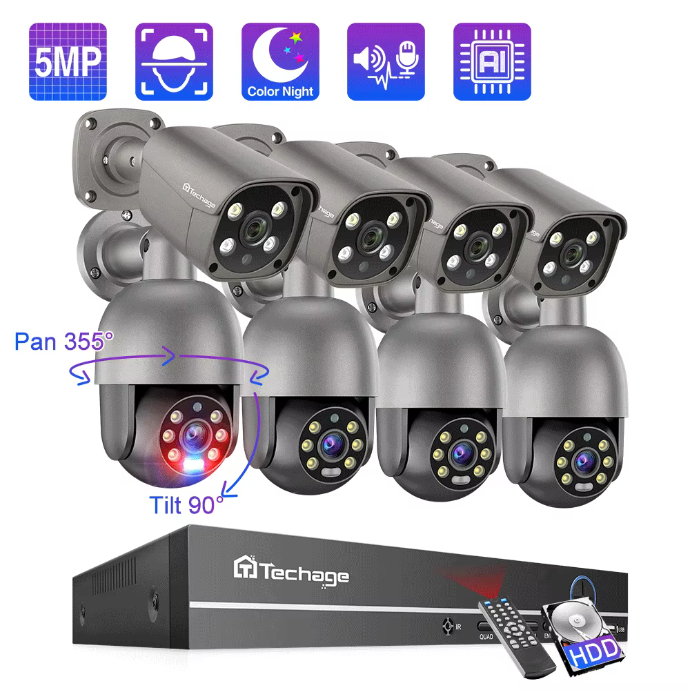 Techage 8CH HD 5MP PTZ POE Security Camera System Outdoor Waterproof Recorder CCTV Surveillance Protection Kit Human Detect
