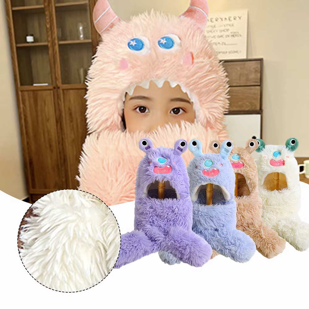 2 in 1 Cute Winter Faux Fur Hood Hat Scarf One-piece Hat kids Girls Warm Plush Windproof Warming Outdoor Beanie Hat For Snow Ski