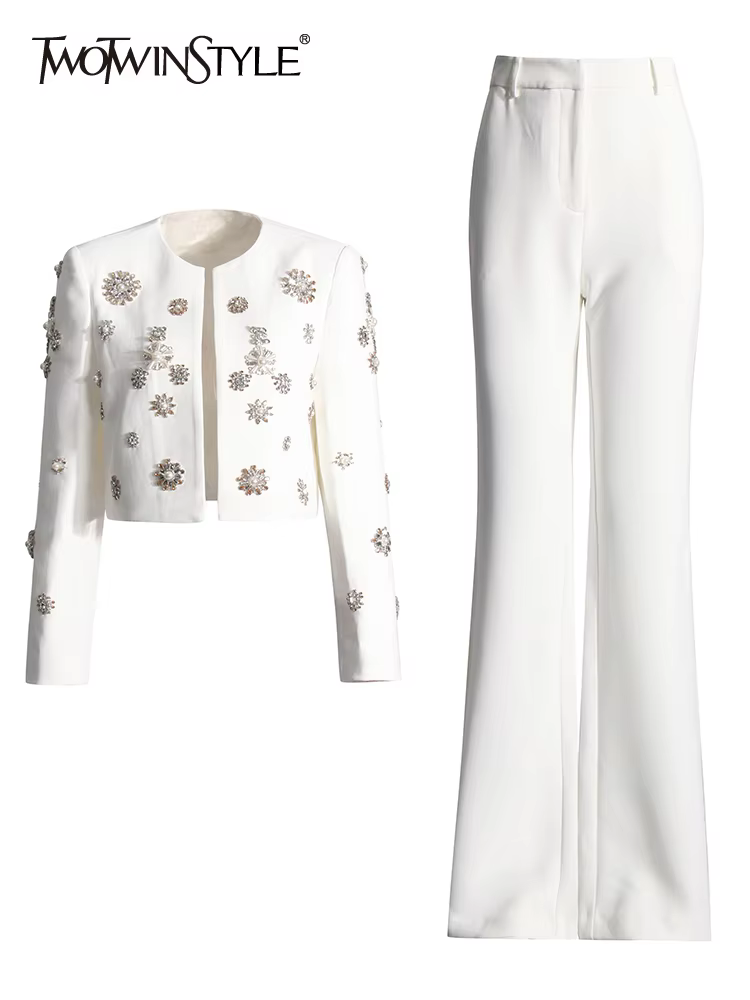 TWOTWINSTYLE Spliced Diamonds Two Piece Sets For Women Round Neck Long Sleeve Coats High Waist Flare Pants Elegant Set Female