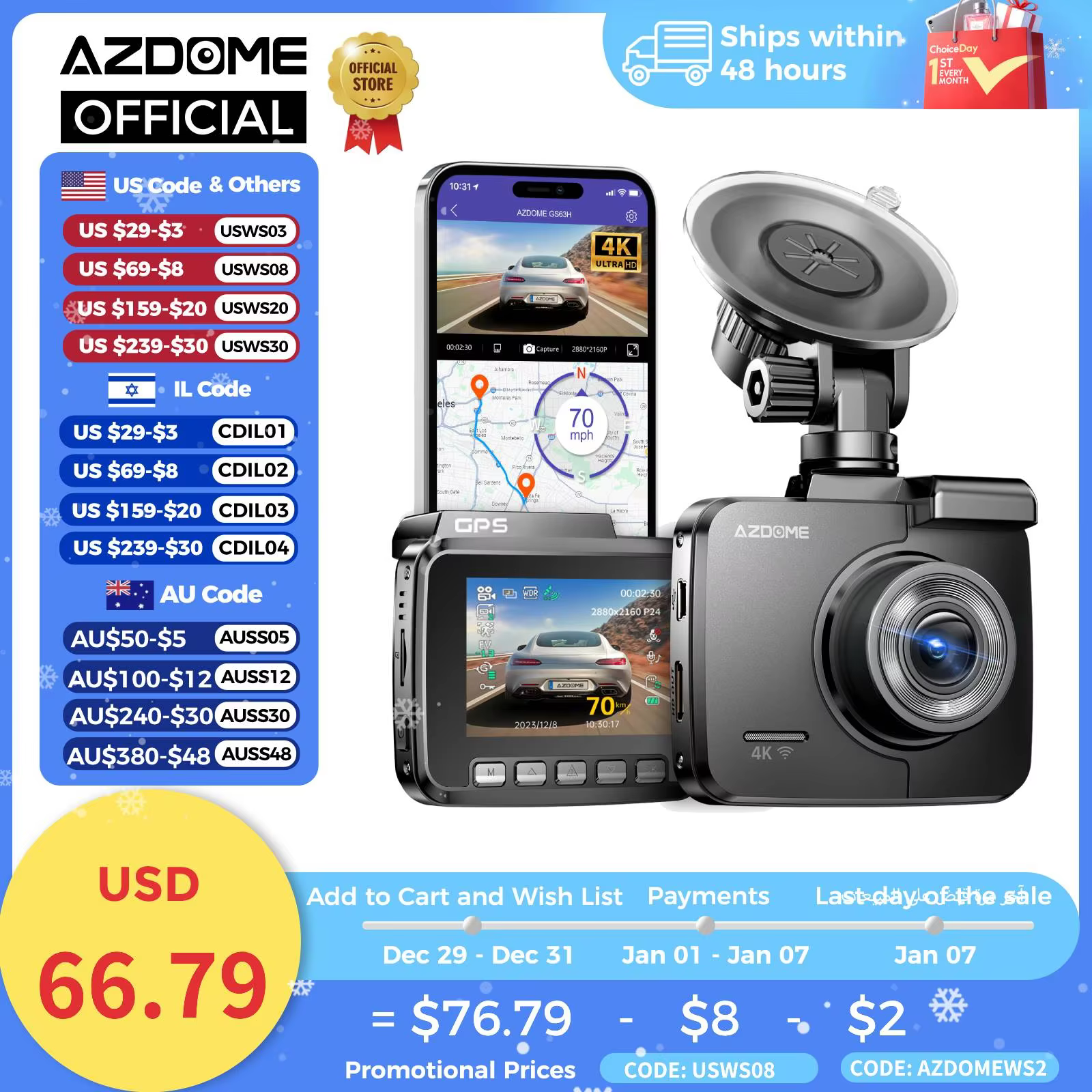 AZDOME 4K Dash Cam GS63H WDR 2.4" LCD Screen Car DVR WiFi GPS APP Front Cam Dash Camera Recorder 24H Parking Monitor Night Visio