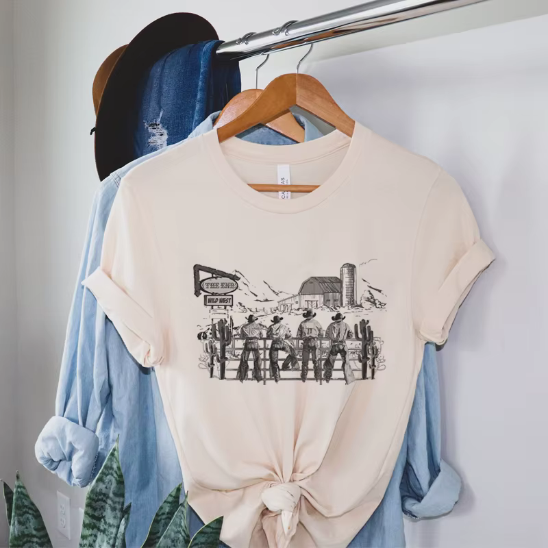 Cowboy Rodeo Hand Drawn Graphic T-Shirts Loose Short Sleeve Retro Western T Shirt Cowgirl Wild West Shirt Women Vintage Boho Top