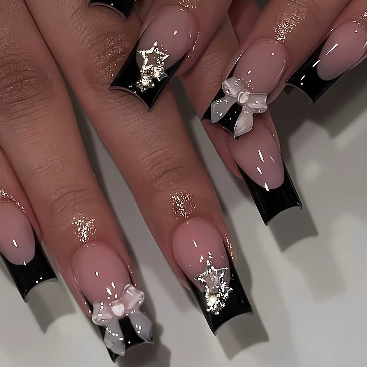 Black French Tips Press on Nails 3D White Bowknot Alloy Stars Designs Fake Nails Ballet Charms False Nails Korean Manicure