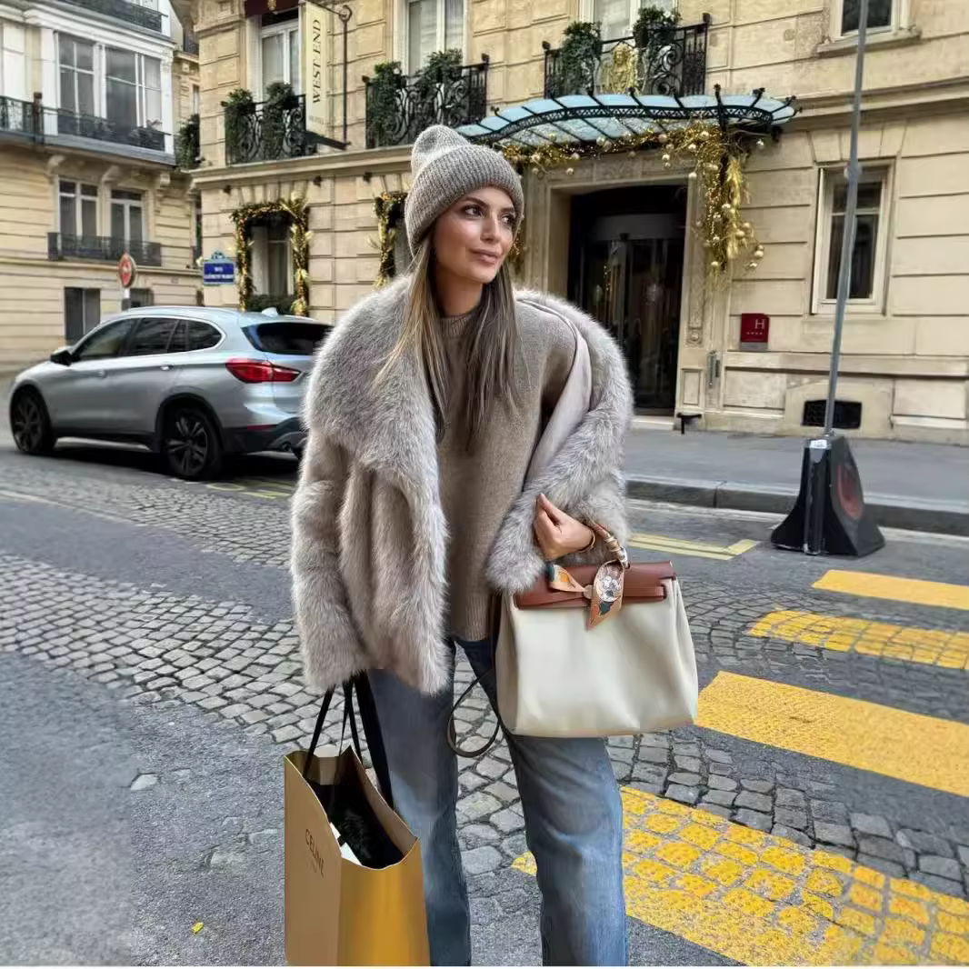 2024 Women Fashion Cropped Faux Fur Jacket Coat Long Sleeve Front Snap-button Female Outerwear Chic Lapel Collar Thick Coat
