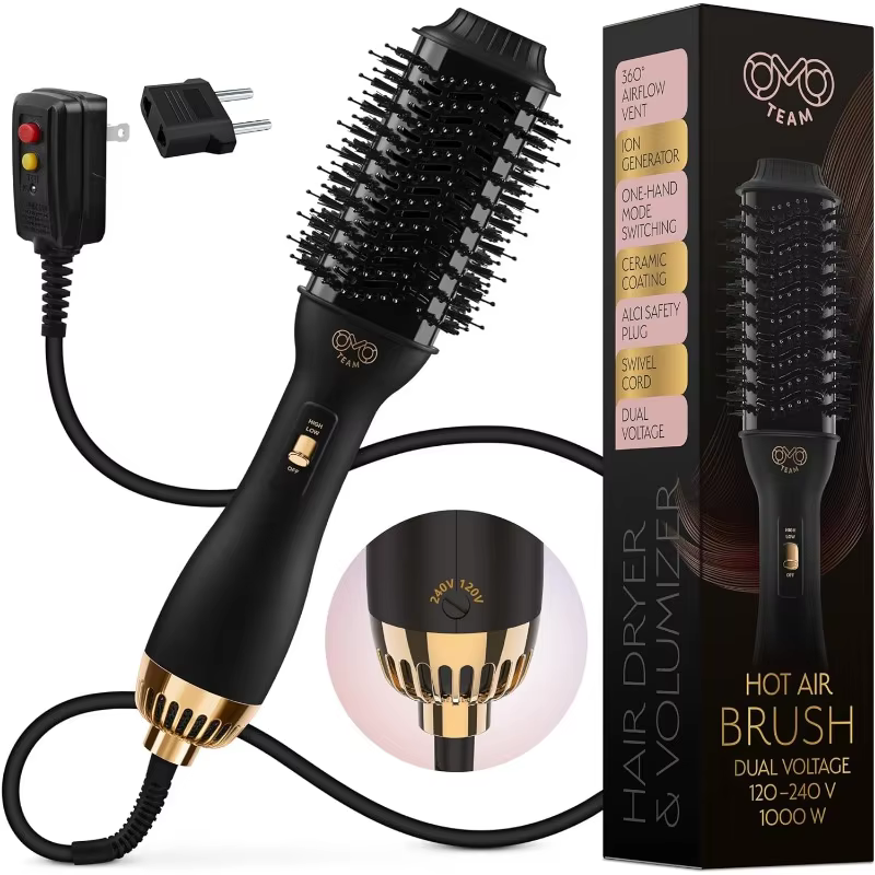 Professional Dual Voltage Blowout Hair Dryer Brush for European Travel 110V-120V/220V-240V, Black Gold Dryer and Volumizer