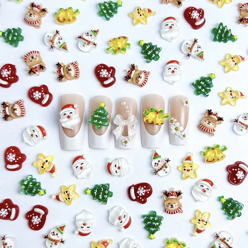20PCS Cartoon Cute Star Deer Santa Claus Nail Charms Translucent Snowman Gloves Resin Christmas Nail Art Decorations DIY Nails
