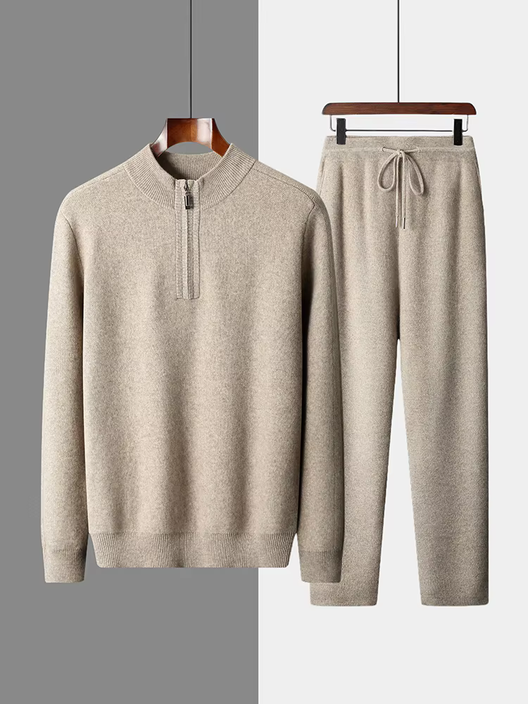 Men 100% Cashmere Sweater Suit Mock Neck Zipper Pullover Cashmere Pants Autumn Winter Thick High Quality Cashmere Knitwear Tops