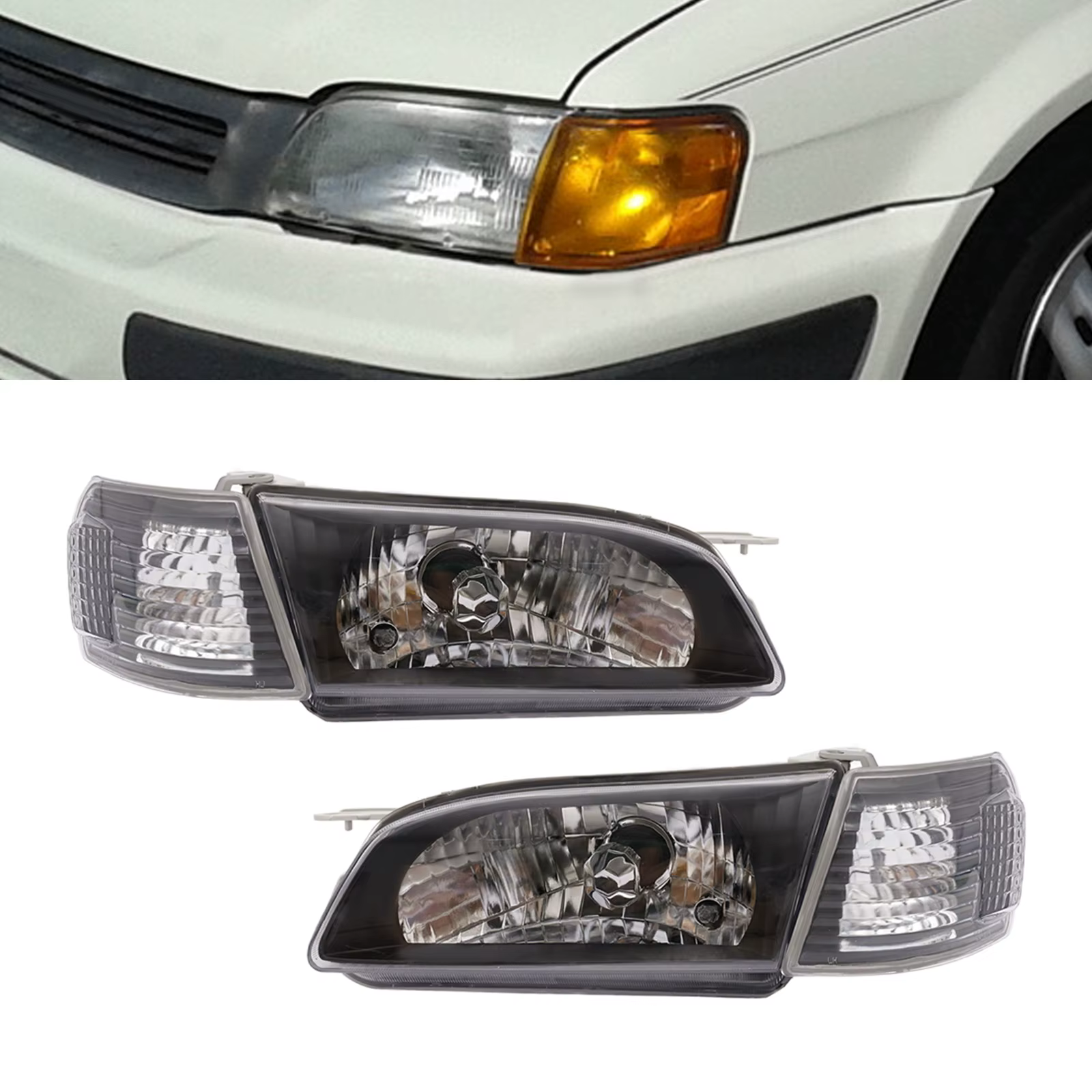 1 Pair Headlights Black Factory Style Left & Right Lamps Clear Lens Set Fit For Toyota Tercel 1995-1999
