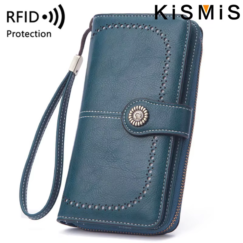 KISMIS RFID Vintage Women's Long Leather Purse Retro Natural Skin Zipper Coin Bag Card Holder  Big Capacity Purse for Girl