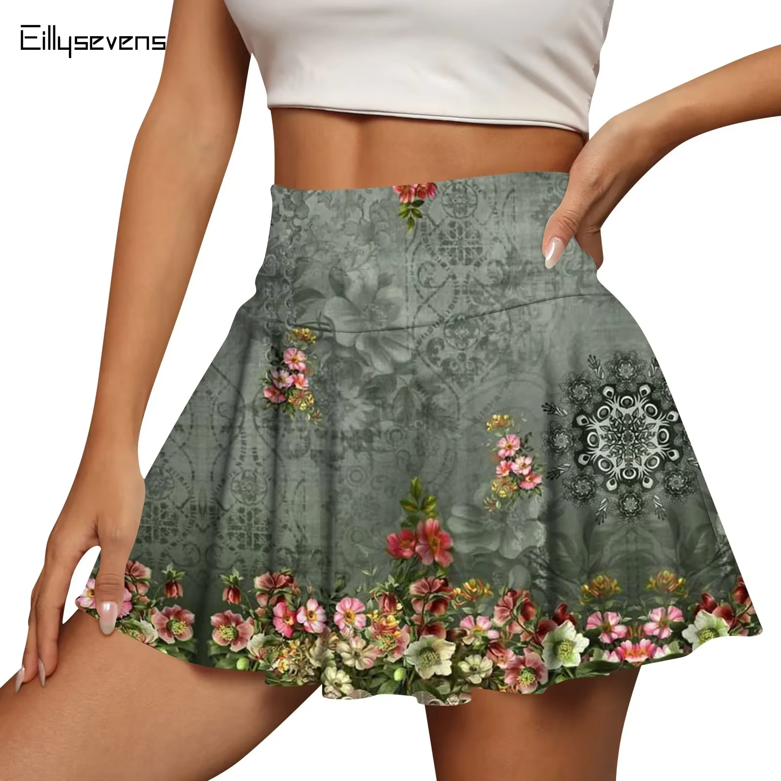 Sports Tennis Culottes Women's High Waist Floral Print Fitness Short Skirt Anti-light Running Training Yoga Pleated Skirt