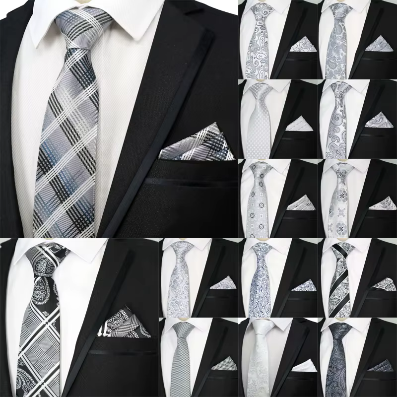 Luxury Tie Set 8CM Mens Necktie Neck Ties Sets For Man Floral Dot Stripes Silver Grey Color Jacquard Cravat Tie Business Party