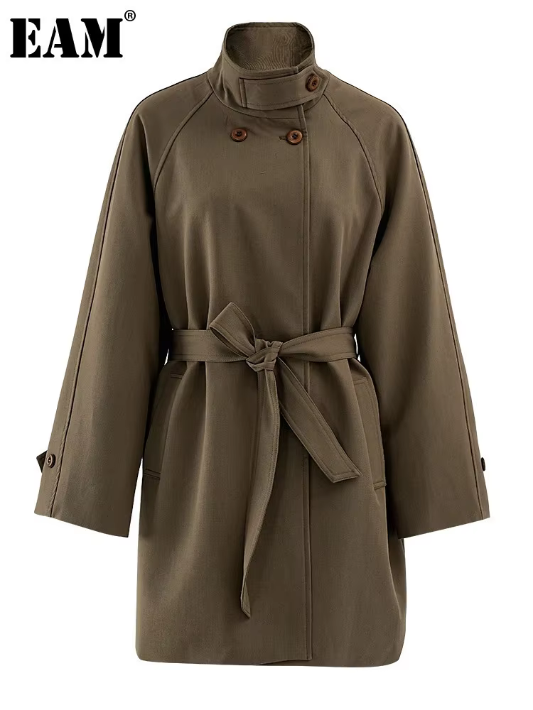[EAM] Women Khaki Belted Big Size Elegant Trench New Stand Collar Long Sleeve Windbreaker Fashion Spring Autumn 2025 CPG2261