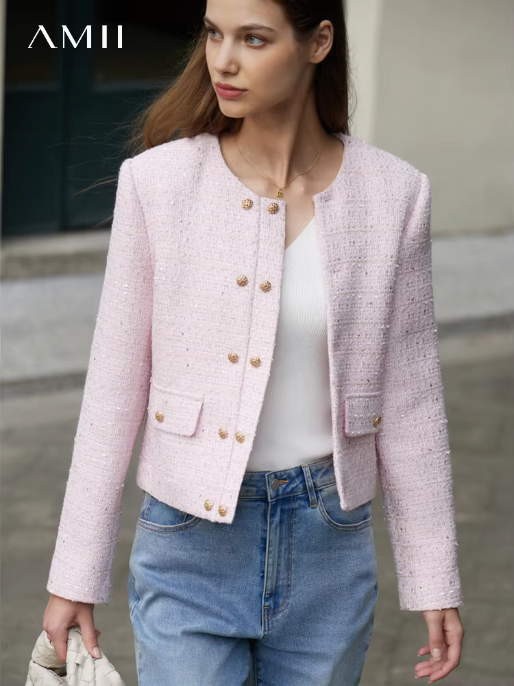 Amii Minimalist Jacket for women 2023 Spring New Elegant Round Neck Straight Shoulder Light Tuxedo Short Coat Women 12321002