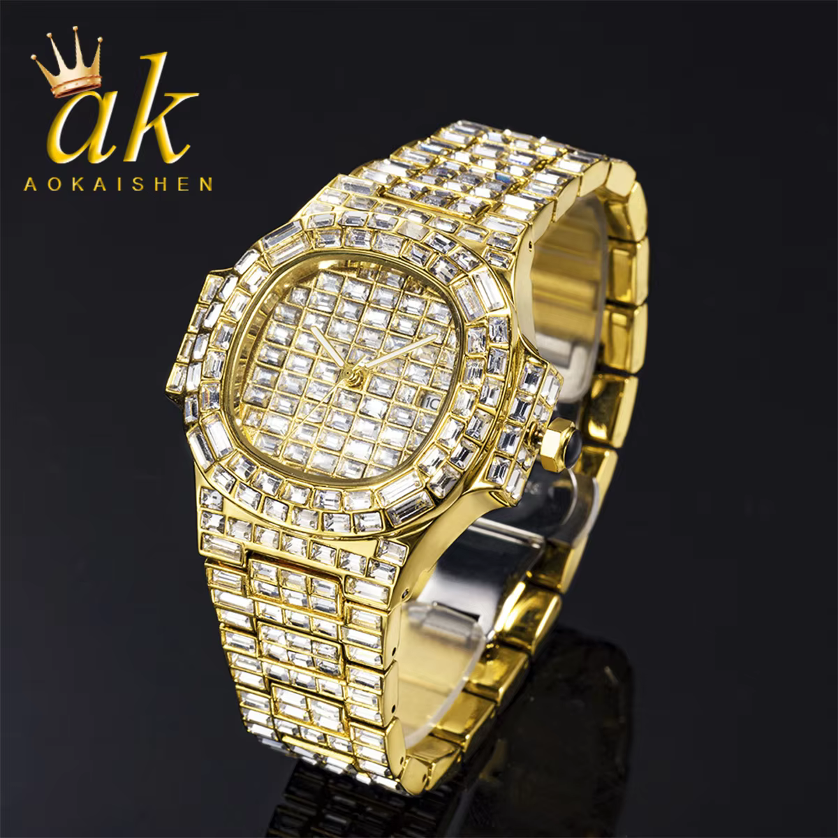 Aokaishen Ice Out Watch for Men Quartz Clock Luxury Rhinestone Business Waterproof Hip Hop Fashion Jewelry 2023 New Trend Gift