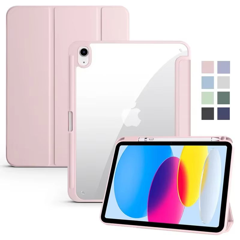 For iPad 10th Gen Case with Pen Holder Trifold Acrylic Clear Back Hard Cover For iPad 10.2 9.7 Air 5 11 Mini iPad 10 9 7 6 Case