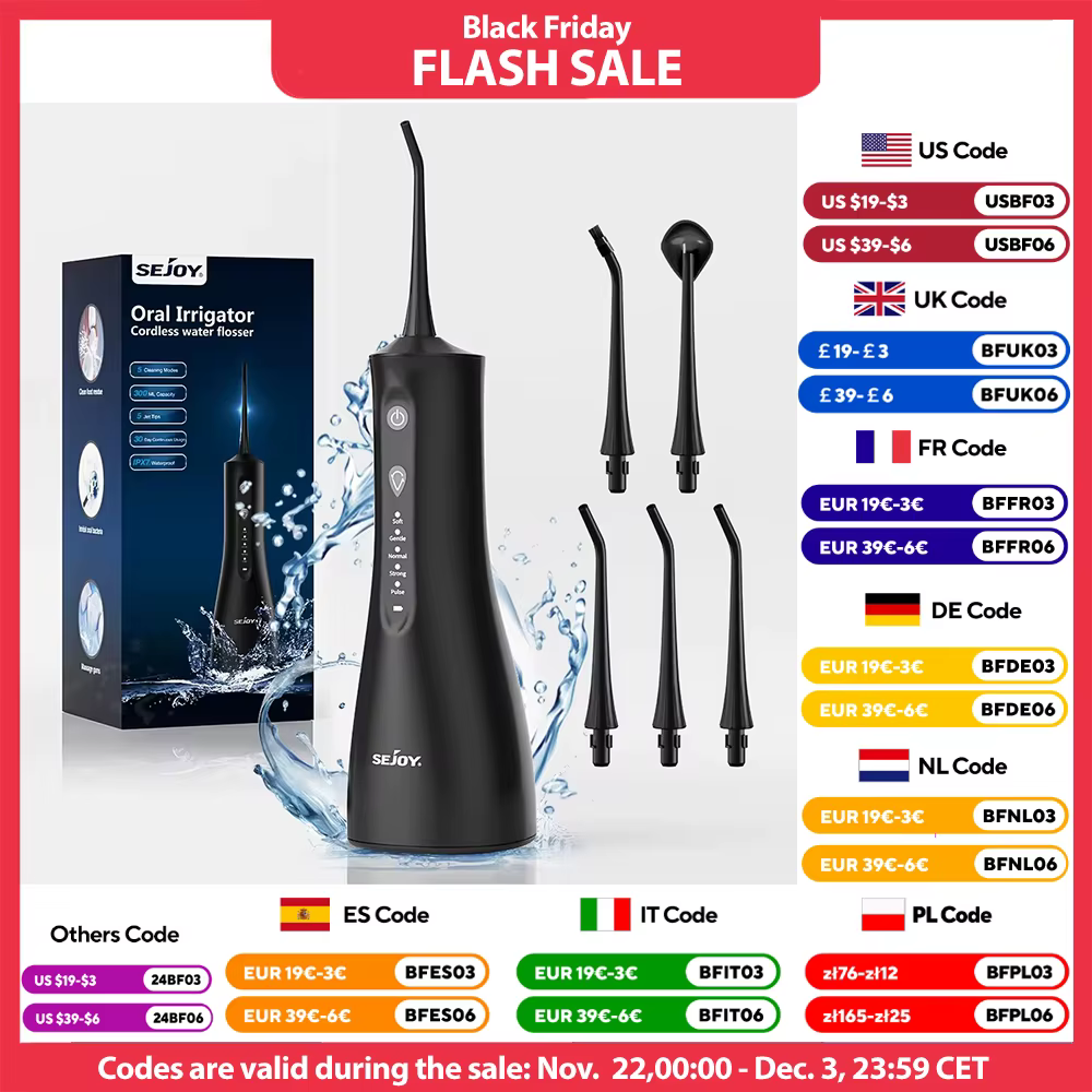 Sejoy Portable Water Flossers for Teeth 300ML Oral Irrigator Rechargeable Dental 5 Modes Water Tank Waterproof Teeth Cleaner
