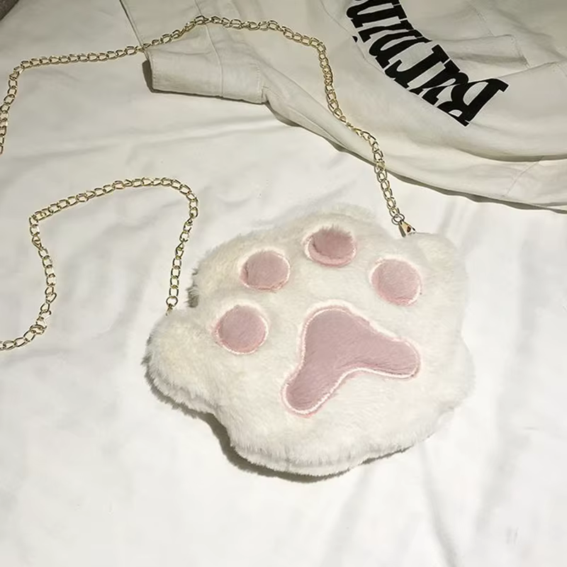 Fashionable Women s Shoulder Bag Adorable Paw Print Plush Handbag with Chain Strap Spacious Crossbody Purse for Everyday Use