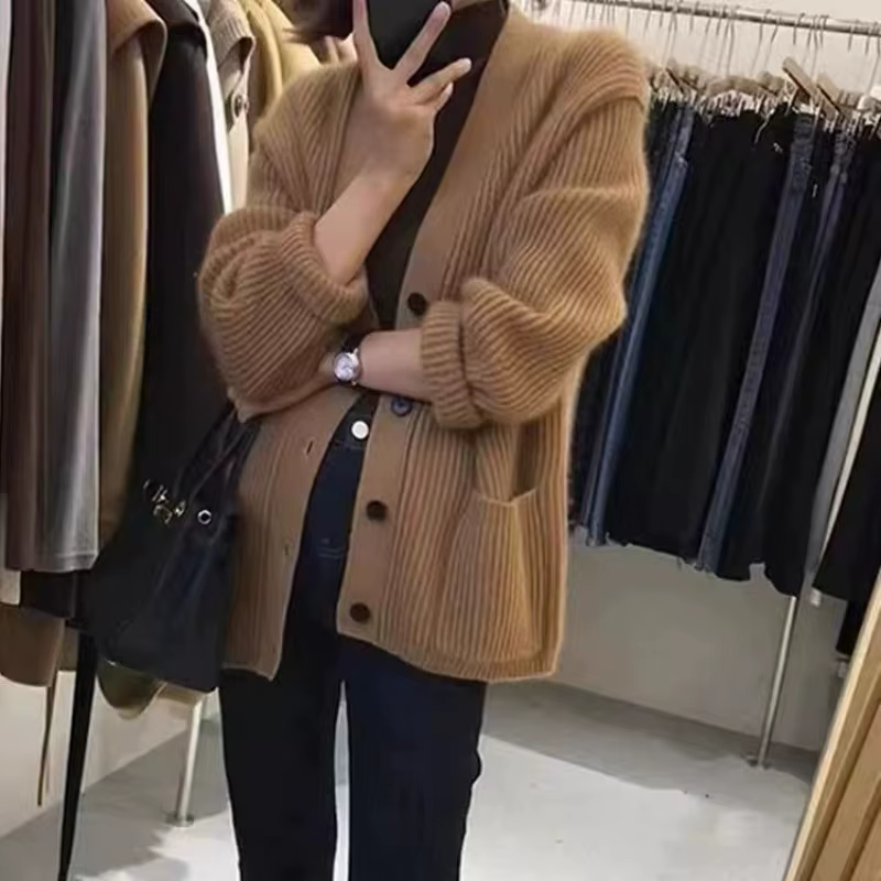 Women's autumn and winter sweaters with pockets, knitted cardigans, pure wool, thick sweaters, large-sized jackets cashmere tops