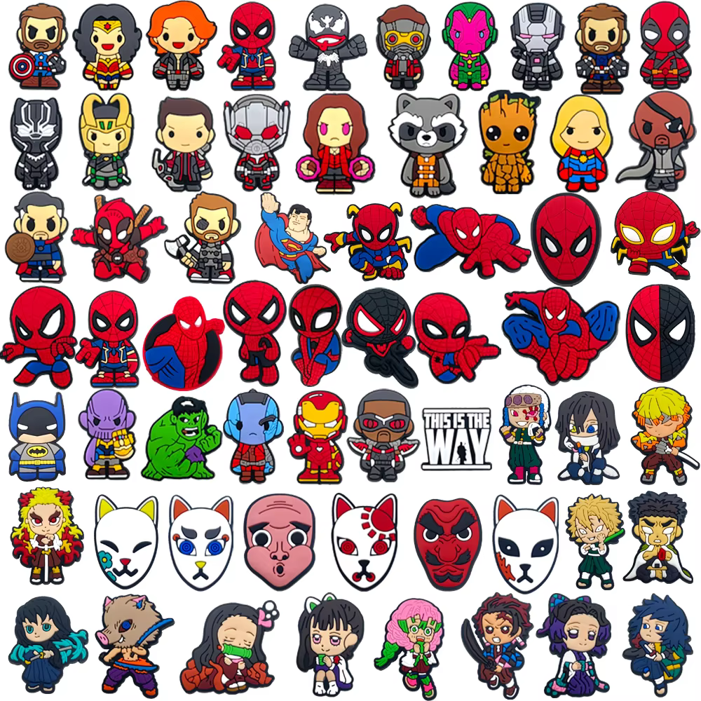 MINISO 63Pcs/Set Superhero Marvel Shoe Charms DIY Spider Man Shoe Buckle Accessories PVC Shoe Decorations Girl Kids Gifts