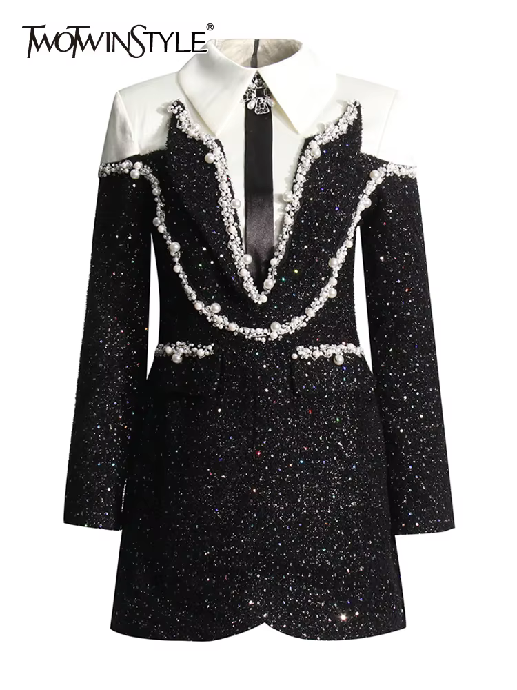 TWOTWINSTYLE Colorblock Patchwork Sequins Dress For Women Lapel Long Sleeve High Waist Spliced Pearls Elegant Dresses Female New