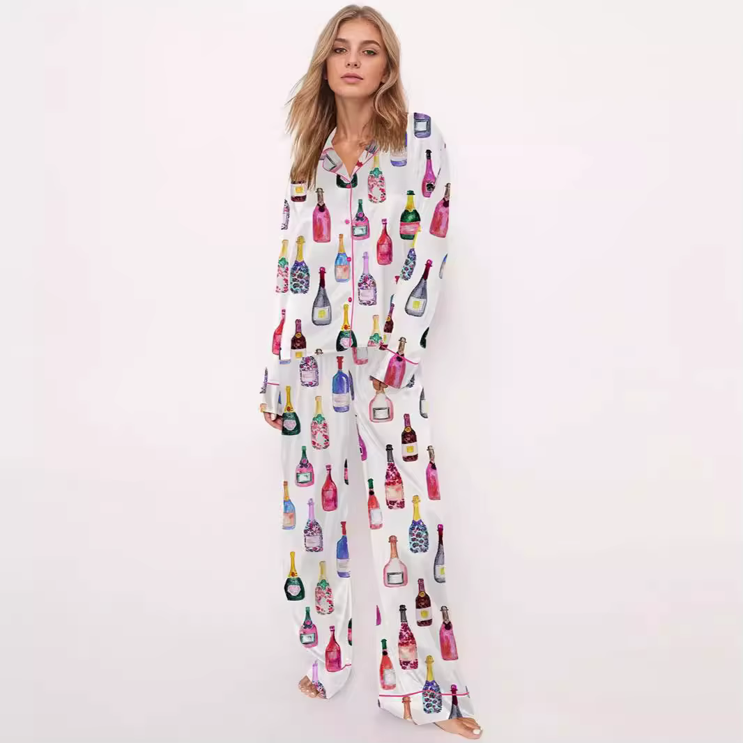 Womens Satin Pajamas Sets 2 Piece Set Champagne Bottle Wine Glasses Long Sleeve Button down Shirt Pants Satin Silk Loungewear