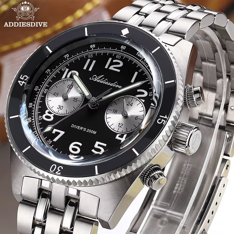 ADDIESDIVE 41mm AD2034 Men's Watch Blue Luminous Bubble Mirror Sapphire Two Eye Multifunctional Chronograph Quartz Diver Watch