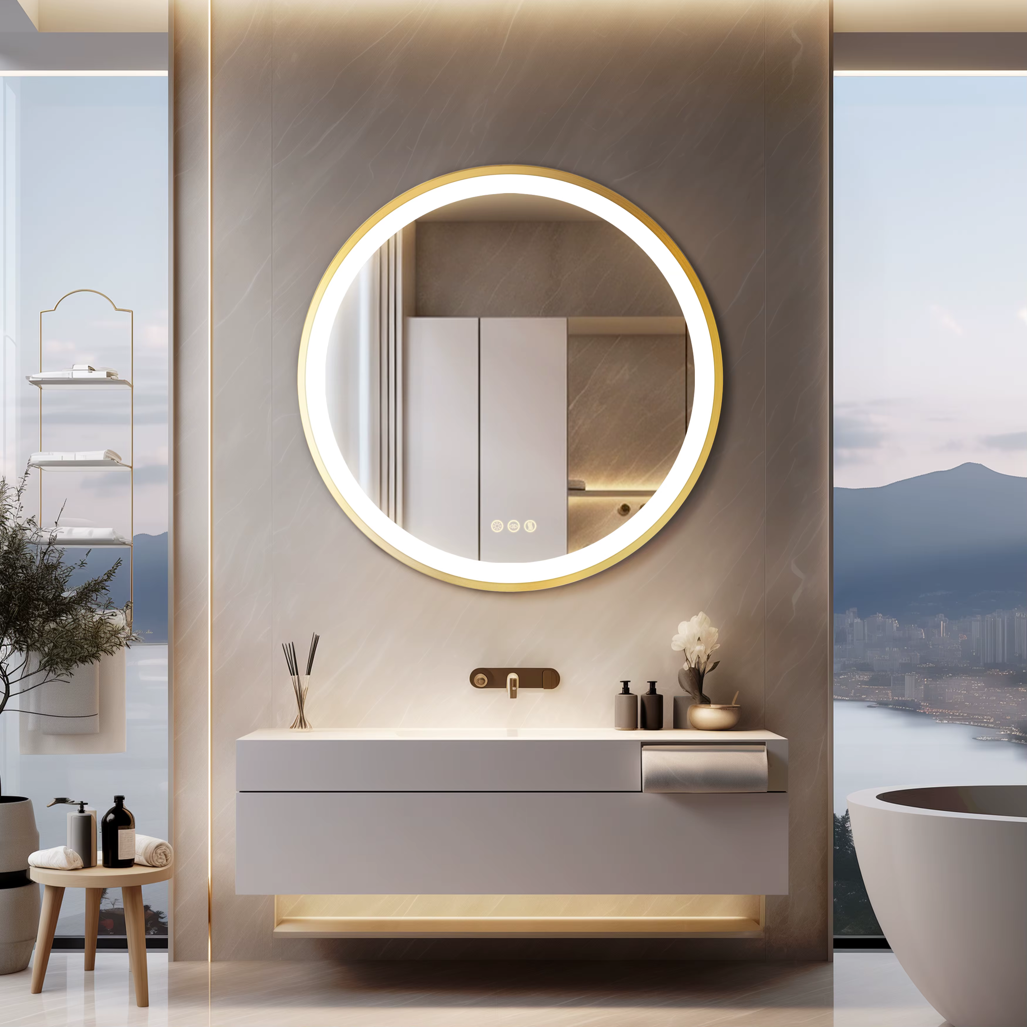 Wisfor Gold Round Aluminum Frame Bathroom Mirror 24" Lighted Smart Touch Switch 3 Color Dimmable light Anti-Fog Makeup Mirror