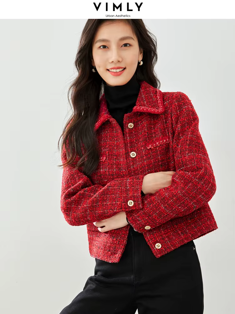 Vimly Winter Red Tweed Jackets for Women Office Lady 2023 Work Business Outerwear Long Sleeve Lapel Straight Short Coat M3309