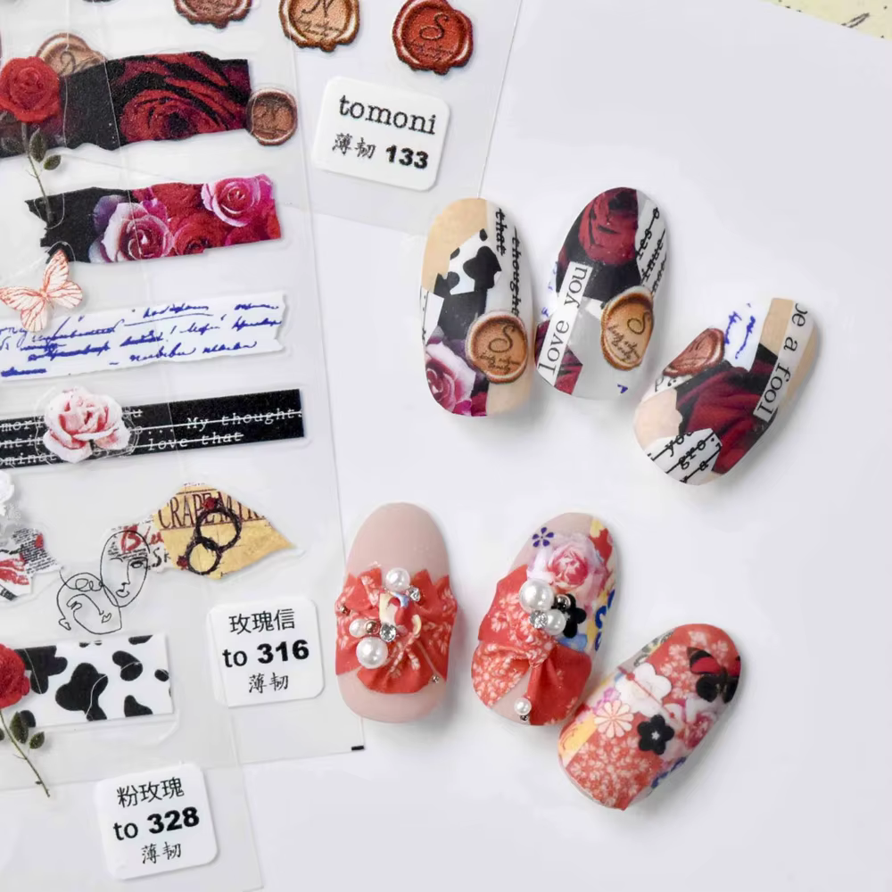 New 3D Engraved Nail Stickers Rose Flowers Paper Texture Pattern High Quality Empaistic Butterfly Retro Sticker Decals